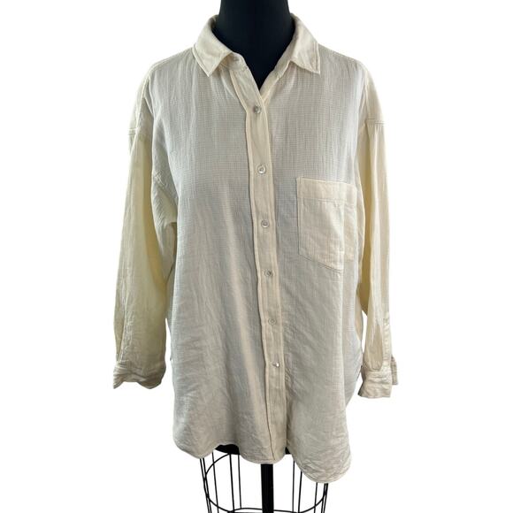 CLOSED Yellow Top Waffle Collared Curved Hem Drop Shoulder Button-Up Size Small - Picture 1 of 7